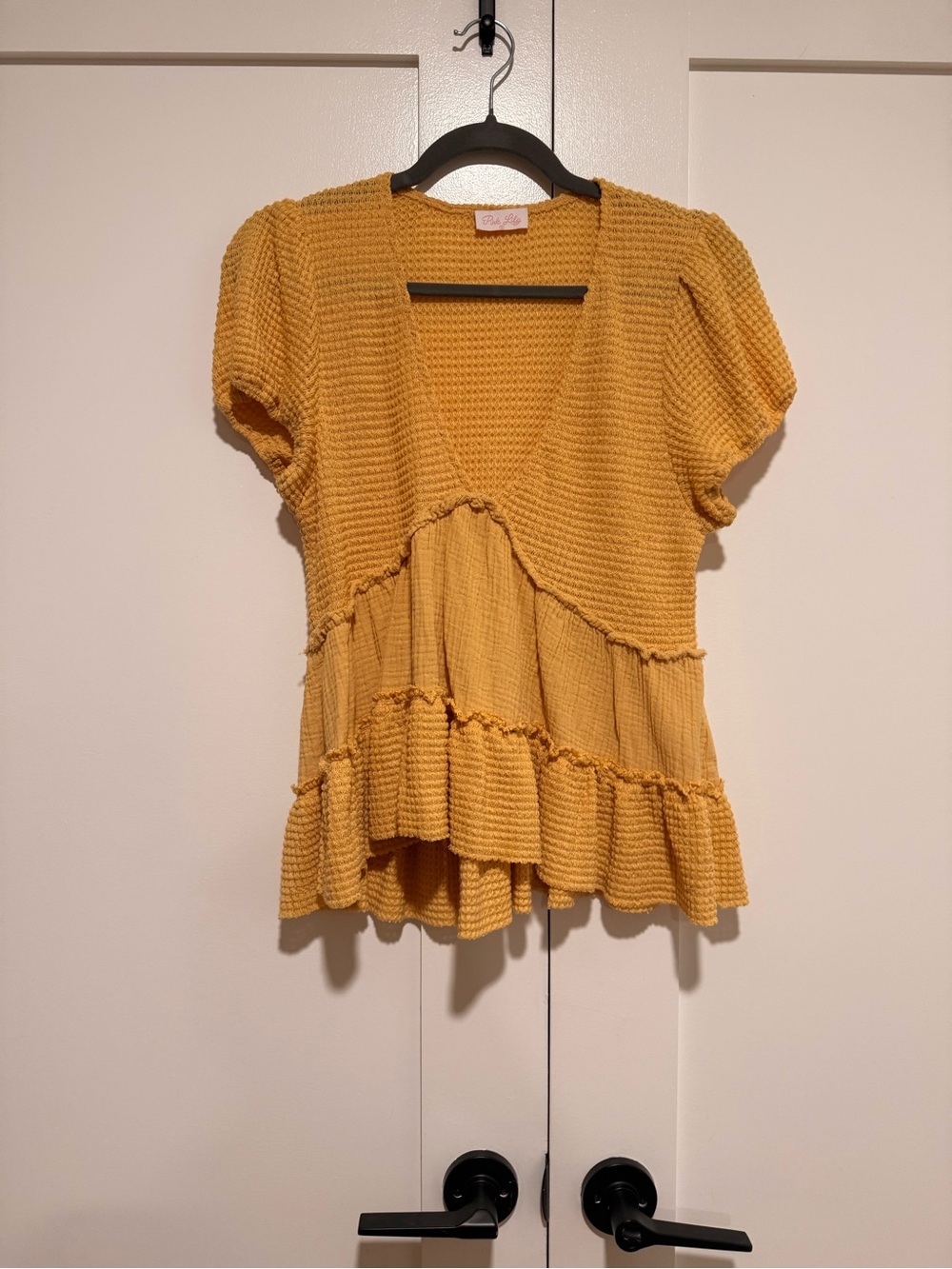 Pink Lily Mustard Yellow Textured V-Neck Peplum Top
